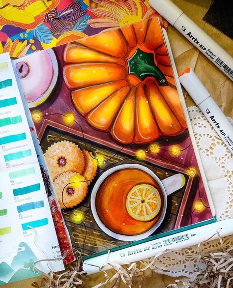 November Art Journal Ideas, Halloween Marker Art, Art Alcohol Markers, Drawing Ideas Markers, Marker Art Drawing, Autumn Drawing Ideas, Color Markers Art, Tea Drawing, Drawing With Markers