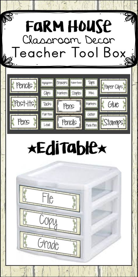 You will love these editable farmhouse teacher toolbox labels. These printable labels will help with classroom organization and can be customized. Also included in this set are labels for three drawer Sterilite container editable labels. These farmhouse editable labels help with organization and will be the perfect addition to the country chic decorations in your farmhouse classroom. Teacher Tool Box, Teacher Toolbox Organizer, Farmhouse Labels, Burlap Classroom, Nature Classroom, Binder Labels, Educational Assistant, Montessori Shelf, Teacher Toolbox Labels