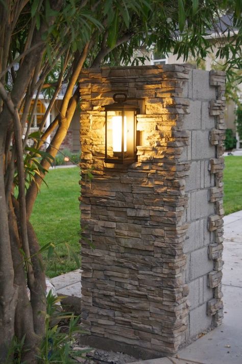 Outdoor Update: Stacked Stone, Pillar Lights & Progress - Simply Organized Gate Pillar Lights, Driveway Entrance Landscaping, Driveway Lighting, Stone Driveway, Driveway Entrance, Custom Gates, Pillar Design, Stone Pillars, Front Gate