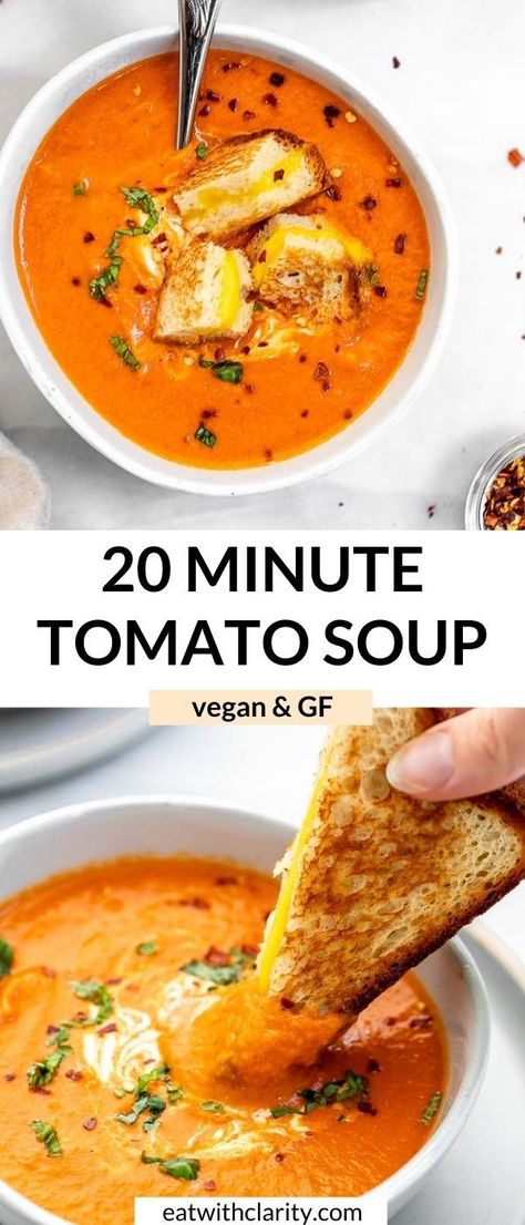 Vegan Tomato Soup Recipe, Soup Quick, Fresh Tomato Soup, Vegan Tomato Soup, Grilled Cheese Croutons, Dairy Free Soup, Tomato Soup Recipe, Vegan Grilling, Canned Tomatoes