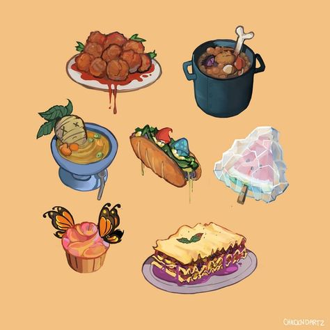 Fictional Food Art, Monster Food Art, Fantasy Meals, Goblin Chef, Fantasy Food Art, Video Game Food, Monster Food, Drawing Food, Food Game