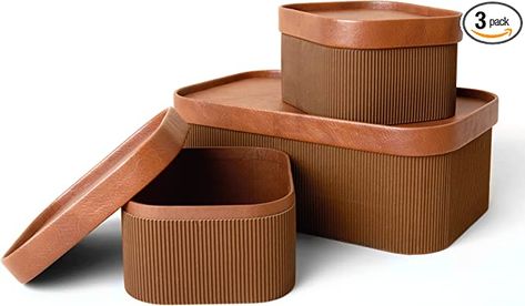 Amazon.com: LA JOLIE MUSE Fluted Cardboard Storage Basket with Leather Lids, Sturdy Stackable Paper Boxes Decorative Tray, Modern Basket Organizer Bins for Jewelry Shelve Bathroom Bedroom Organizing, Chocolate Brown, Set of 3 : Baby Spanish Bohemian, Grandpa Chic, Modern Baskets, Cardboard Storage, Decorative Storage Boxes, Paper Boxes, Pinterest Group, Organization Decor, Storage Boxes With Lids