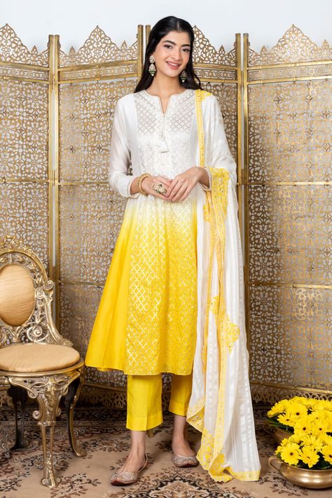 Buy Nadima Saqib Yellow Chanderi Anarkali Set Online | Aza Fashions Chanderi Anarkali, Yellow Anarkali, Celebrity Closet, Fashion Terms, White Kurta, Embroidered Dupatta, Dupion Silk, Indian Fashion Designers, Georgette Fabric