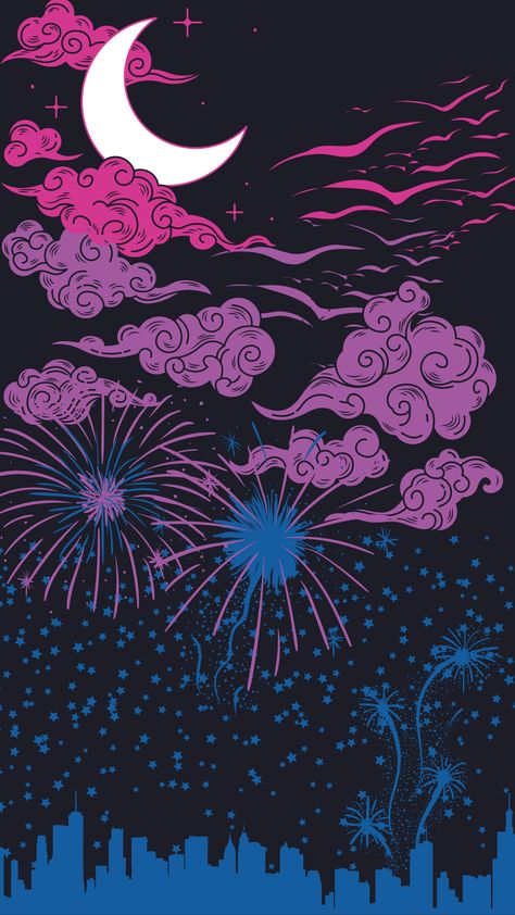 (Top Left) Hot Pink Clouds with a white crescent moon. (Top Right) A flock of hot pink birds cruising down.
(Middle) Purple clouds with purple birds flying through.
(Bottom Half) Blue stars litters the sky, with purple fireworks. A shadow of a city in the distance. Bisexual Wallpaper Iphone Aesthetic, Alt Posters, Dragon Wallpaper Iphone, Halloween Wallpaper Iphone Backgrounds, Lgbt Art, Halloween Wallpaper Iphone, Happy Pride, Pretty Wallpapers Backgrounds, Cute Backgrounds