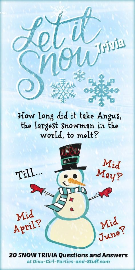 Snow trivia quiz - 20 fun fact questions for winter and snow theme parties. Snow Themed Games For Adults, Snow Games, Snow Much Fun Party, Winter Trivia, Snow Themed Party Games, Winter Trivia Questions And Answers, Snow Facts For Kids, Snow Themed Party, Frozen Snowball Game