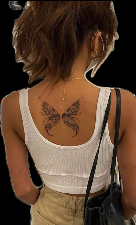 Baddie Tats Spine, Top Back Tattoo For Women, Top Of Back Tattoo, Tattoo Butterfly Back, Lower Neck Tattoo, Cool Back Tattoos For Women, Overthinking Tattoos, Back Tattoo Butterfly, Back Cross Tattoos