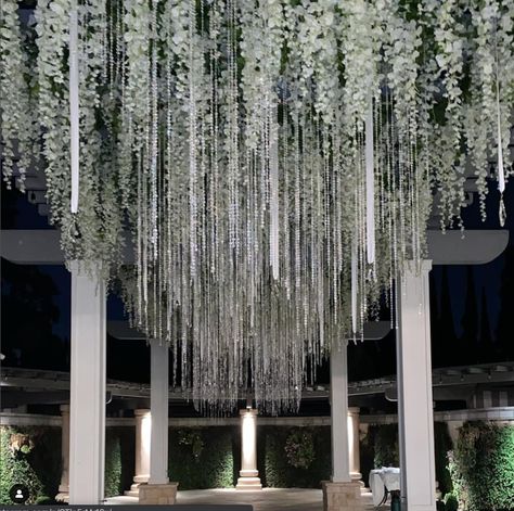 White Flowers Hanging From Ceiling, Jasmine Garland Wedding, Hanging White Flowers Backdrop, Hanging White Flowers Wedding Arch, White Floral Hanging Installation, Pearl Strings, Office Board, White Jasmine, Fuchsia Flowers