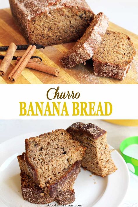 Love banana bread? Love churros? Why not combine everything you love about both all in one deliciously easy Churro Banana Bread.  Moist banana bread is rolled in cinnamon sugar to bring the favorite flavor of churros right to your breakfast table. #bananabread #quickbread #churros #recipe #breakfast #bananas #cinnamon via @2CookinMamas Banana Bread Brownies, Sour Cream Banana Bread, Delicious Banana Bread Recipe, Banana Bread Recipe Moist, Churros Recipe, Moist Banana Bread, Easy Banana Bread Recipe, Chocolate Chip Banana, Vegan Banana Bread