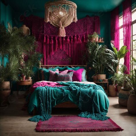 Emerald And Gold Room Aesthetic, Bohemian Art Wall, Boho Velvet Bedroom, Magenta Walls Bedroom, Jewel Tone Bohemian Bedroom, Teal And Magenta Bedroom, Jewel Tones Room, Colorful Attic Bedroom, Deep Jewel Tone Bedroom