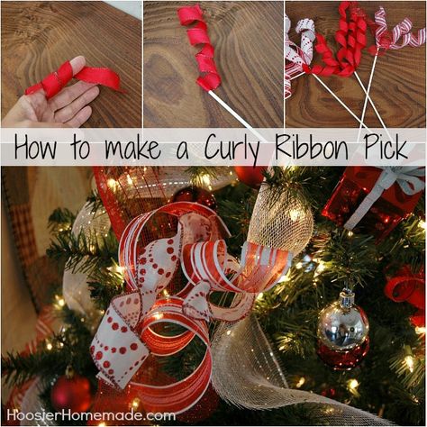 DIY Curly Ribbon Pick :: Instructions on HoosierHomemade.com Scandinavian Christmas Trees, Christmas Tree Picks, Christmas Tree Decorating, Grinch Christmas Decorations, Diy Christmas Tree Ornaments, Christmas Picks, Beautiful Christmas Decorations, Christmas Tree Inspiration, Tree Decorating