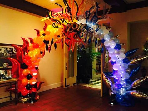 Fire And Ice Decorations, Ice Theme Party, 8th Grade Dance Themes, Fire And Ice Prom, Fire Ice Party, School Dance Decorations, Ice Decorations, Feather Display, Fire And Ice Theme