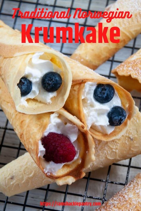 Norwegian Krumkake Recipe, Norwegian Krumkake, Krumkake Recipe, Norwegian Cookies, Christmas Sweets Recipes, Norwegian Cuisine, Homemade Whipped Cream Recipe, Cider Cocktail, Swedish Pancakes