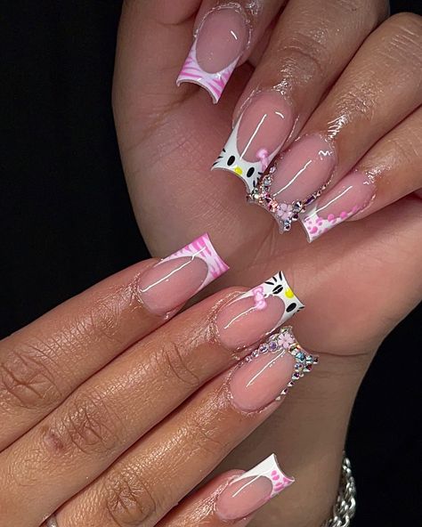 Hello kitty sets never fail to eat ☺️🤌🏽 #hellokitty #frenchies #blingnails #hellokittynails #inspo #nailart #nailinspo #freestyle #houston #houstontexas #houstonnailtech Frenchies Acrylic Nails, Frenchies Nails, Girly Acrylic, Girly Acrylic Nails, Hello Kitty Nails, 16 Birthday, Long Acrylic, Sweet 16 Birthday, Bling Nails