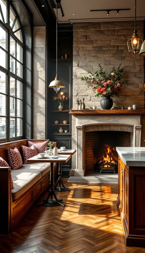 Discover the allure of a Parisian café-inspired kitchen, beautifully captured in the soft glow of morning light. With a cozy fireplace as the focal point, and ambiance perfected by classic pendant lighting, this design effortlessly merges elegance with inviting warmth, ideal for captivating Pinterest enthusiasts. Cozy Diner Aesthetic, Coffee Shop With Fireplace, Parisian Cafe Kitchen, Coffee Shop Fireplace, Cafe Fireplace, Cafe Interior Design Cozy, Parisian Cafe Interior, Paris Cafe Interior, Cozy Autumn Home