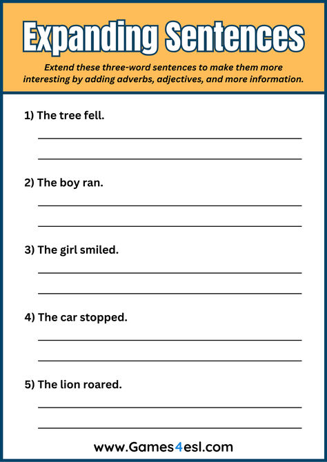 A writing worksheet to practice expanding sentences. Expanding Sentences Worksheet, Writing Better Sentences, Writing Sentences Worksheets 3rd Grade, Printable Writing Worksheets, Writing Complex Sentences, Regulation Activities, Expanding Sentences, Emotional Regulation Activities, Writing Sentences Worksheets