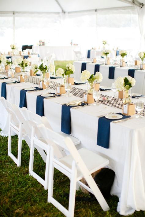 Modern Rustic Navy & White Farm Wedding Navy And White Wedding Decorations, Navy Blue And White Wedding Table Decor, Wedding Luncheon Ideas Decor, Navy Table Cloth Wedding, White And Navy Wedding Table, Navy And White Wedding Theme, Navy Table Linens Wedding, Navy Blue Runner Wedding Table, Navy And White Wedding