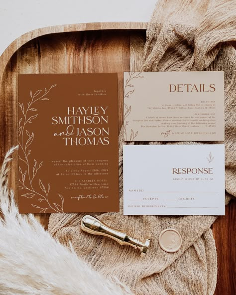 Terra Cotta Wedding Invitation Botanical Wedding Invitation | Etsy Canva Wedding Invitations, Terra Cotta Wedding, Brown Wedding Invitations, File Ideas, Rust Wedding, Invitation Minimalist, Invitations Ideas, Earthy Wedding, Invitation Calligraphy