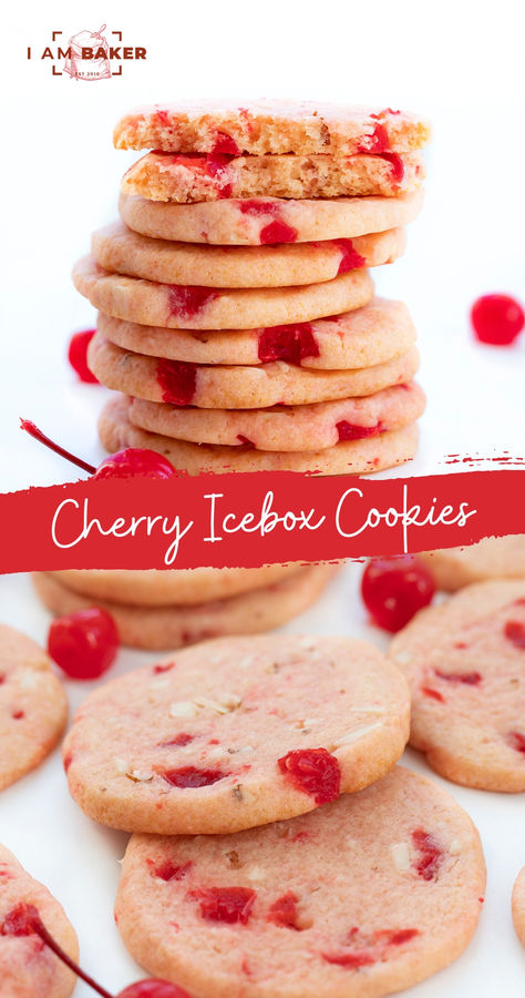 Cherry Icebox Cookies are slice-and-bake cookies made with maraschino cherries and chopped almonds for a nutty crunch. Cherry Ice Box Cookies, Cherry Icebox Cookies, Maraschino Cherry Cookies, Jello Cookies, Snack Platters, Refrigerator Cookies, Chocolate Cherry Cookies, Cookies Jar, Icebox Cookies