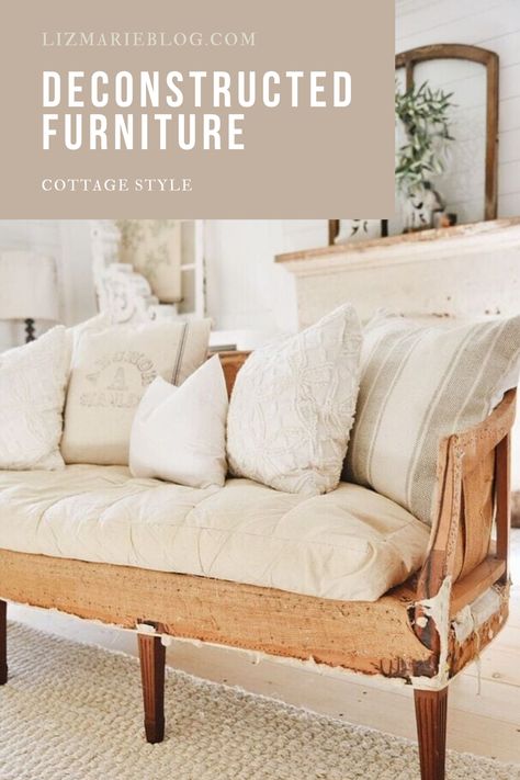 The coziest cottage style deconstructed sofa! Deconstructed Chair, Antique Couch, Wooden Couch, Liz Marie, Eclectic Farmhouse, Couch Upholstery, Antique Sofa, Modern Couch, Diy Sofa