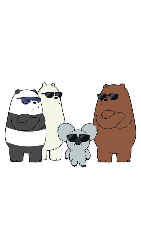 Just look at these cool guys in black sunglasses! This is Panda, Ice Bear, Grizzly, and Nom Nom! The We Bare Bears sticker with Nom Nom Gang!. We Bare Bears Cool Wallpapers, Four Bears Wallpaper, 4 Bears Wallpaper, 4 Pandas Wallpaper, Nom Nom We Bare Bears Aesthetic, We Bare Bears Panda And Ice Bear, We Were Bears Wallpaper, Panda We Bare Bears Cute, We Are Bears Wallpaper