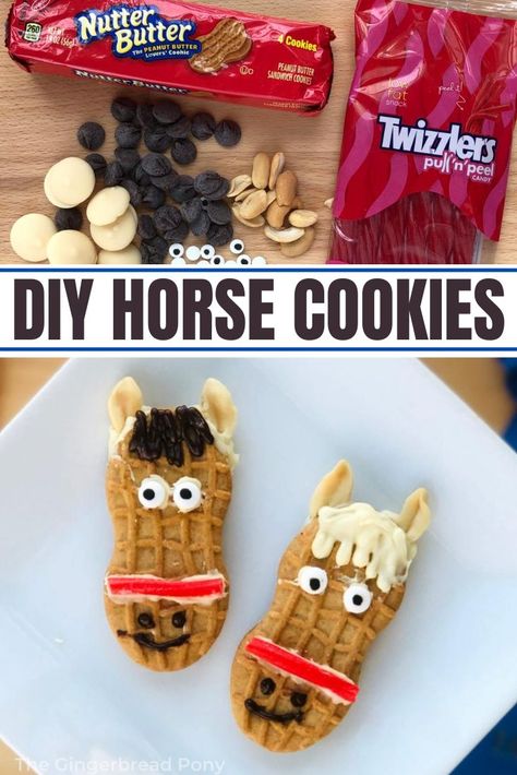 Got a pony fan? We have the perfect treat idea! Make these ADORABLE horse cookies! Even better - there's absolutely NO baking required! Use Nabisco Nutter Butter cookies as the base and then decorate the cookies according to our step by step tutorial to get some super cute horse cookies! Perfect for pony parties, barnyard party themes, etc. Let us know how these cute pony cookies turn out for you! #horses #pony #cookies #diy #thegingerbreadpony #diy Decorated Nutter Butter Cookies, Horse Shaped Cookies, Nutter Butter Horse Cookies, No Bake Horse Cookies, Horse Birthday Party Food Ideas, Horse Themed Birthday Party Food, Horse Desserts, Horse Cookies Decorated, Western Party Food