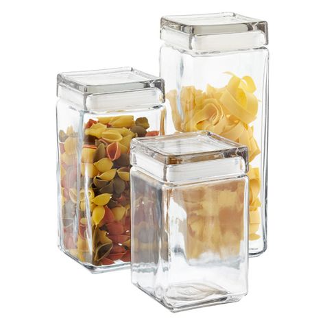 Square glass rather than round might make for more space in the pantry- Stackable Square Glass Canisters Storage Wars, Beautiful Pantry, Square Glass Jars, Glass Shelves Kitchen, Organize Kitchen, Glass Refrigerator, Space Efficient, Glass Canisters, The Container Store