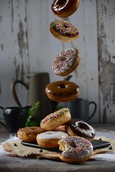 #levitating #levitationphotography #donutshop #foodphoto #foodphotographer Food Levitation Photography, Donat Aesthetic, Colorful Food Photography, Donuts Photography, Doughnuts Photography, Donut Aesthetic, Old Fashioned Donut, Food Photography Dessert, Easy Donut Recipe