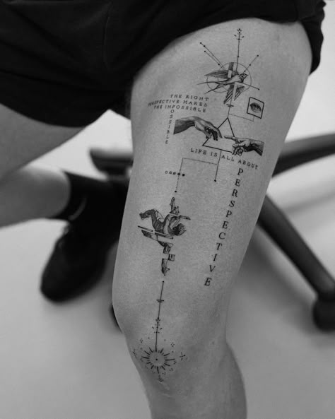 Quad Tattoo For Women, Geometric Tattoo On Leg, Leg Thigh Tattoos Men, Concept Tattoos Men, Discipline Tattoo Ideas, No Limits Tattoo, Tatuaje Ekg, Geometric Tattoo Men, Leg Tattoo Men Ideas