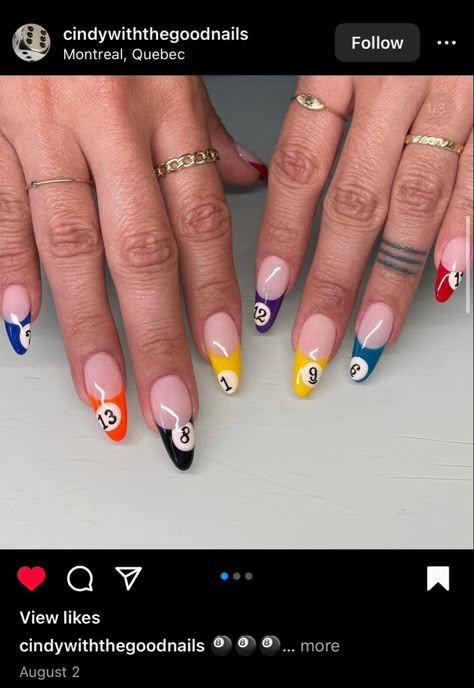 Billiards Nail Art, Pool Ball Nail Designs, Pool Balls Nails, Billiard Nails, Tv Show Nails, Pool Ball Nails, Eight Ball Nails, 8ball Nails, Balloon Nails