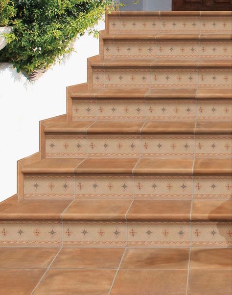 Saltillo Tile Stairs, Tile Stairs Outdoor Front Steps, Stenciled Stairs, Spanish Style Exterior, Spanish Style Tile, Rustic Stairs, Tile Steps, Cahuita, Brick Steps