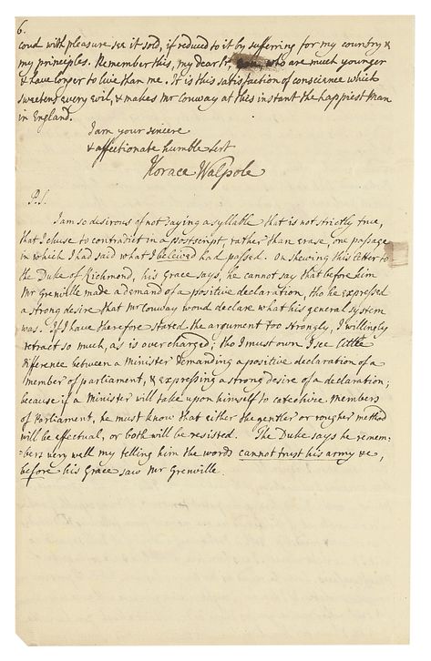 WALPOLE, Horace, 4th Earl of Orford (1717-1797). Autograph letter signed ('Horace Walpole') to [Thomas Pitt, 1st Baron Camelford], Strawberry Hill, 5 June 1764, in brown ink, including a long postscript on the last page, 6 pages, folio, integral leaf. Provenance: Thomas Pitt to George Grenville; Grenville papers deposited at Stowe; sold by 2nd Duke of Buckingham and Chandos to Edwin James (his attorney) who sold the letter to John Murray, 1851; Sotheby's sale, 11 May 1970 (lot 231). | 19th Centu Lady Mary Wortley Montagu, Horace Walpole, Strawberry Hill, Lady Mary, Regency Era, Letter Sign, Autograph, Signs