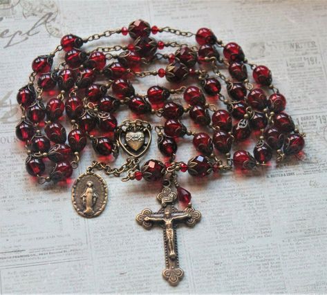 Dark Garnet, Handmade Rosary, Sacred Heart Of Jesus, Garnet Red, Bohemian Crystal, Heart Of Jesus, Funky Jewelry, Jewelry Lookbook, Red Aesthetic