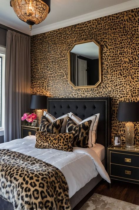 Leopard Bedroom Decor, Animal Print Room, Leopard Bedroom, Cheetah Print Wallpaper, Rearranging Furniture, Luxury Room Bedroom, Luxury Room, Affordable Decor, Apartment Style