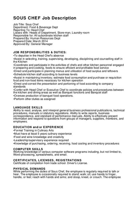 Sous Chef Job Description Chef Job Description, Chef Job, Kitchen Manager, Chef Jobs, Driver Job, Chef Work, Simple Resume Template, Executive Resume, Simple Resume