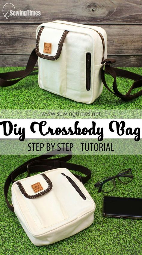 DIY Canvas Crossbody Bag | How to make a bag with Piping and Phone pocket [sewingtimes] Diy Camera Bag Pattern, Canvas Bag Design Free Pattern, Canvas Purse Diy, Free Crossbody Purse Sewing Patterns, Canvas Purse Pattern, Diy Bookbag, How To Make A Bag, Bag Sewing Patterns Free, Diy Bag With Pockets