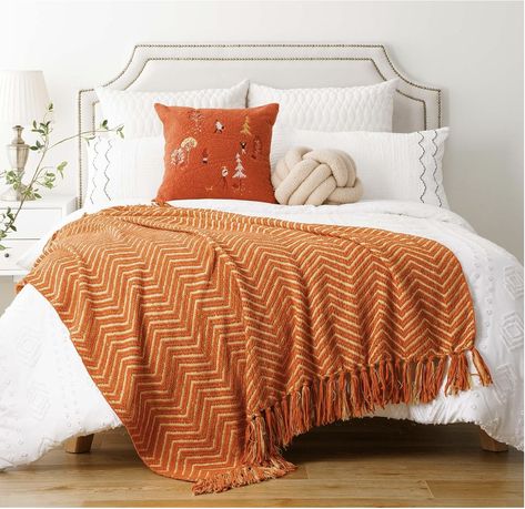 BATTILO HOME Orange Throw Blanket for Couch, Decorative Knit Orange Blanket for Bed, Super Soft Warm Burnt Orange Throw for Farmhouse Fall Accent Decor, 50"x60" Burnt Orange Throw Blanket, Orange Throw Blanket, Herringbone Throw Blanket, Fall Throw Blanket, Orange Blanket, Cable Knit Throw Blanket, Beige Throws, Adult Bedding, Fall Blanket