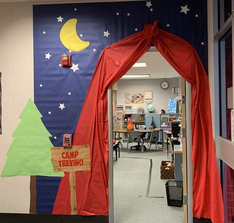 Camping theme door Camping Theme Classroom Door Decorating Ideas, Camping Theme Hallway Decorations, Tent Classroom Door, Camping Theme Photo Backdrop, Camping Transformation Classroom, Desk Tent Classroom, Camping Theme Door Decorations, Camping Door Decorations Classroom, Camp Read A Lot Decorations