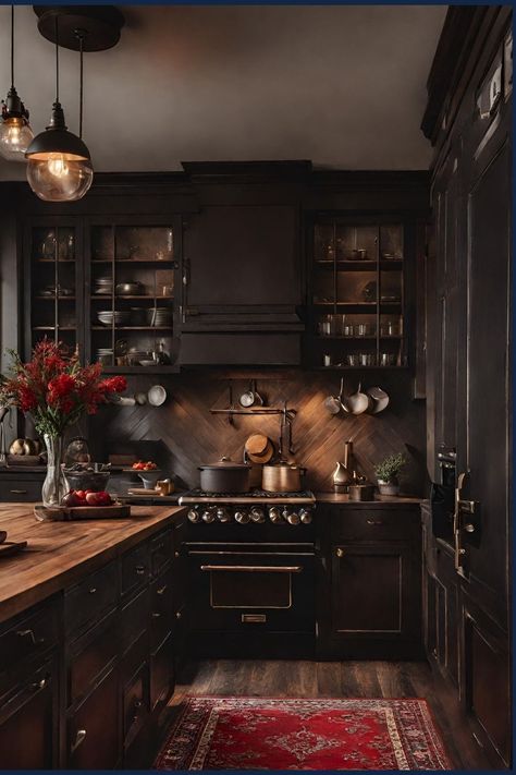 Traditional Dark Kitchen, Gloomy Home Aesthetic, Dark Western Kitchen, Dark Decor Kitchen, Moody Decor Kitchen, Dark Cottage Core Kitchen Aesthetic, Dark Academia Open Concept, Moody Hacienda, Moody Rustic Kitchen