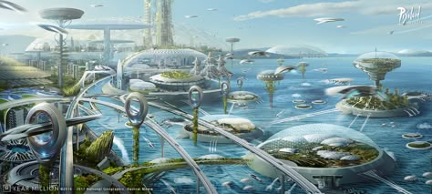 ArtStation - Year Million - 03, Pixoloid Studios Kota Masa Depan, Sci Fi Landscape, Future Buildings, Sci Fi City, New Retro Wave, Alien Concept Art, Green City, Fantasy Castle, Fantasy City