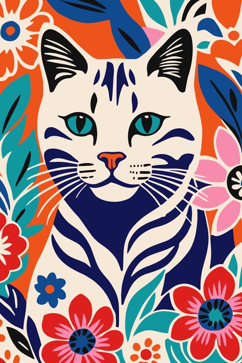 Cat Pattern Illustration, Illustration Chat, Cat In Flowers, Bowie Cat, Modern Cat Art, Pop Art Cat, Pop Art Animals, Colorful Cat, Consciousness Art