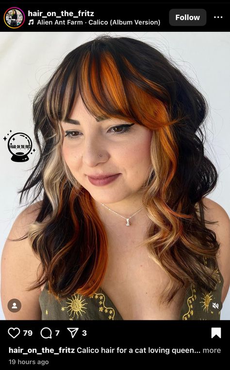 Black And Natural Red Hair, Fun Hair Color Ideas For Dark Hair, Calico Hair Sectioning, Dark Calico Hair Color, Reverse Balayage Red, Alt Fall Hair, Long Calico Hair, Long Hair Bangs Haircut, Calico Hair With Bangs