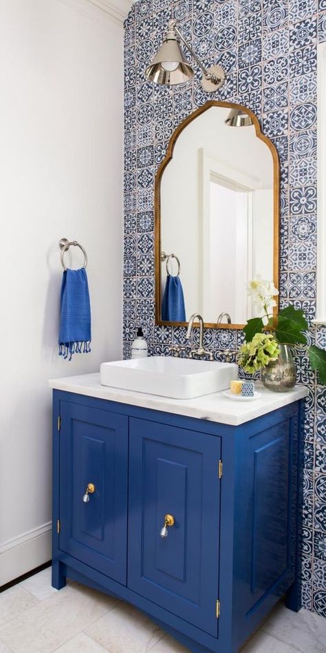 Blue Powder Room, Vibrant Bathroom, White Mosaic Tile, Tile Accent Wall, Moroccan Bathroom, Half Bathroom Decor, Blue Bathroom Tile, Bathroom Accent Wall, Bathroom Accents