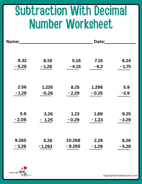 Subtraction With Decimal Number Worksheets For Kids | Decimal Fractions Worksheets, Decimal Subtraction Worksheet, Subtracting Decimals Worksheet, 5th Grade Math Games, Decimals Addition, Adding Decimals, Mental Maths, Mental Maths Worksheets, Math Decimals