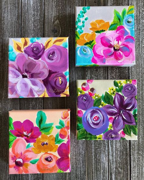 8x8 Painting Ideas, Mini Paintings Flowers, Mini Canvas Art For Sister, Seasons Painting, Mini Canvas Flowers, Small Canvas Art Friendship, Cute Small Paintings, Mini Floral Paintings, Acrylic Flower Painting