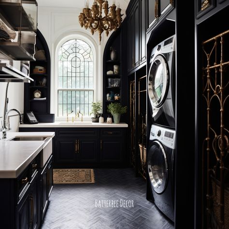 Gorgeous modern Gothic laundry room in black and white. Black And White Victorian Kitchen, Modern Gothic Victorian House Interior, Modern Victorian Laundry Room, Gothic Style Interior Design, Black Victorian House Interiors, Gothic Modern House Interior, Dark Academia Laundry Room, Goth Laundry Room, Gothic Victorian Kitchen