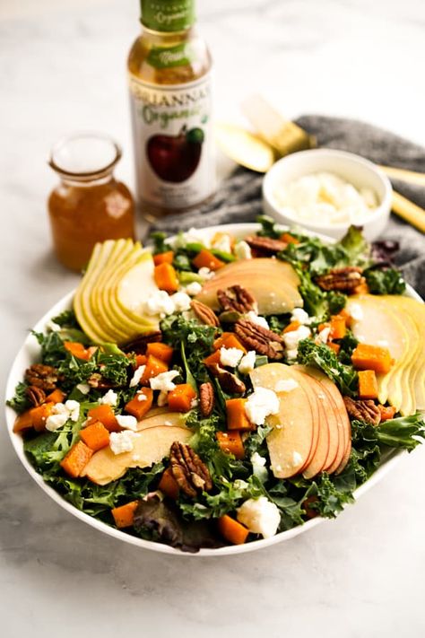 Fall Harvest Salad - healthy and delicious autumn salad for the Thanksgiving and Christmas holidays. Kale, mixed greens, roasted butternut squash, apples, pears, pecans and feta drizzled with apple cider vinaigrette. #ad Harvest Salad Recipes, Joyous Apron, Fall Harvest Salad, Skillet Chicken Parmesan, Apple Cider Vinaigrette, Butternut Squash Cubes, Autumn Salad Recipes, Cider Vinaigrette, Thanksgiving Salad