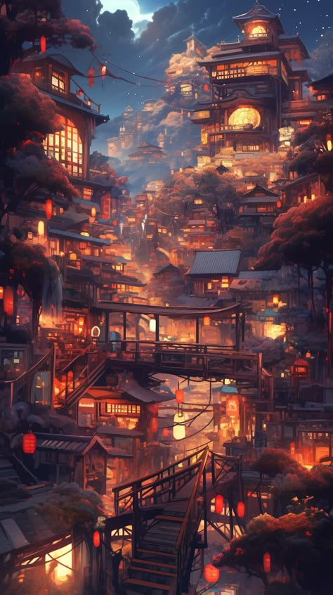 Art of Japanese City Dreamscape Japan Fantasy City, Futuristic Japanese City, Japanese Fantasy City, Asian Fantasy City, Japanese City Aesthetic, Japanese Village Art, Futuristic City Concept Art, Fantasy City Concept Art, Japanese City Art