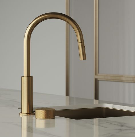 Halo X Kitchen Set in Brushed Nordic Brass PVD. Available for purchase through selected distributors only. Brushed Brass Kitchen Hardware, Brass Kitchen Hardware, Brass Kitchen Tap, Kitchen Renovation Design, Modern Kitchen Faucet, Kitchen Mood Board, Nordic Kitchen, Brass Kitchen Faucet, Brass Kitchen