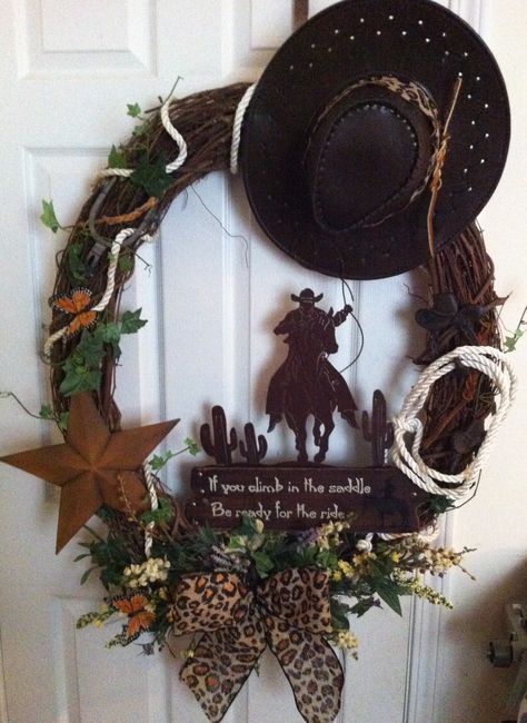 Western Themed Grapevine Wreath!!  tlmunda@yahoo.com https://www.facebook.com/terris.treasures.12 Western Wreath Ideas, Western Christmas Wreath, Rope Wreath Western, Farm Wreath, Cowboy Wreath, Western Door, Western Wreath, Horse Wreath, Themed Wreaths