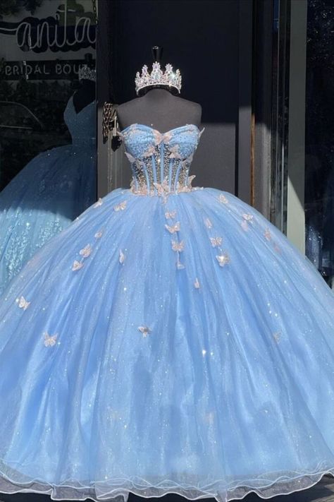 Butterfly Quince Dress, Butterfly Quinceanera Dress, Sky Blue Quinceanera Dresses, Blue Quince Dress, Butterfly Sweet 16, Light Blue Quinceanera Dresses, Baby Blue Quinceanera, Cinderella Quinceanera Themes, Blue Quinceanera Dresses